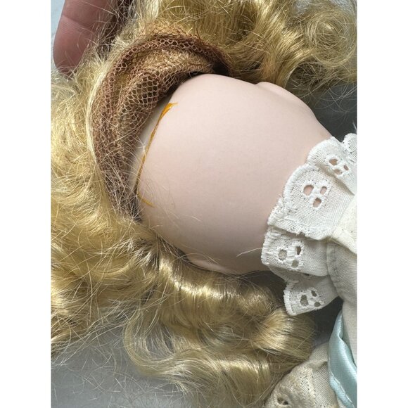 Vintage Porcelain Doll Blonde Curly Hair Blue Eyes Dress Lace Trim Figurine READ - Picture 10 of 11